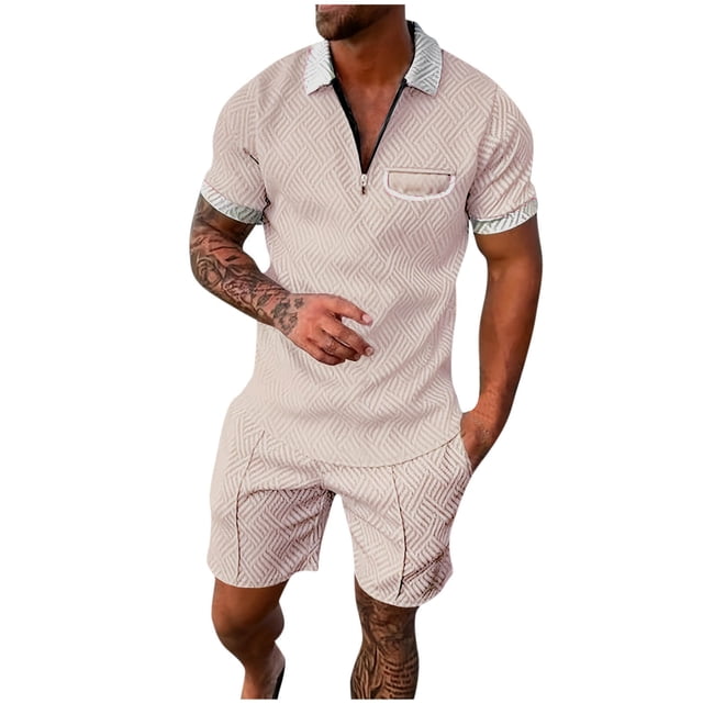 Cameland Two Piece Short Outfits Men Color Block Tracksuits Sport Summer Short Sleeve and Shorts Set for Men