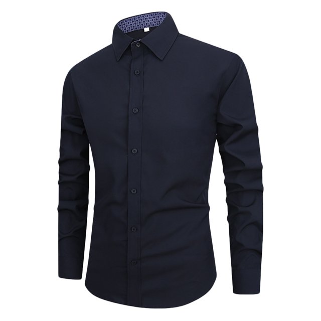 RXIRUCGD Homme Décontracté Uni à Boutons Manches Longues Col Rabattu Hauts Blouse Chemise, Bleu Foncé, Taille : TG