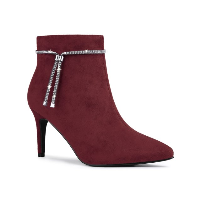 Unique Bargains Women's Bling Rhinestone Pointed Toe Stiletto Heels Ankle Boots Burgundy (Size 9)