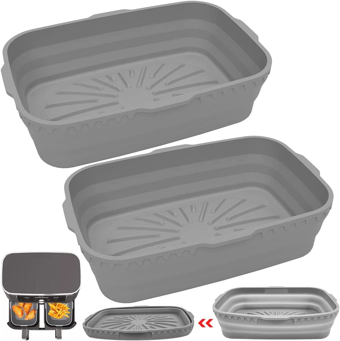 Jinsinto 2 Pieces Collapsible Silicone Rectangular Air Fryer Pot, Non-Stick Silicone Air Fryer Basket, Reusable Air Fryer Liner Air Fryer Accessories, for Air Fryer