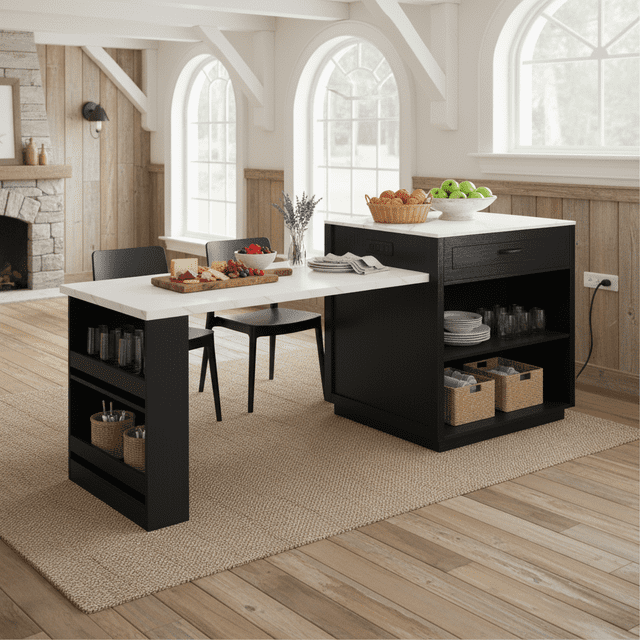 Homy Casa Kitchen Island with Extendable Dining Table and Storage Shelves featuring a black wood-grain engineered wood base and faux-marble countertop, with dual-sided open shelves and a pull-out dining table with black chairs. Positioned in a bright kitchen with arched windows and wood flooring, suitable for meal prep, dining, and organized storage.