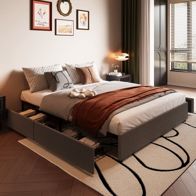 Yiwa Upholstered Platform Bed Frame, Linen Fabric with Four Storage Drawers and Wooden Slat Support, Easy Assembly