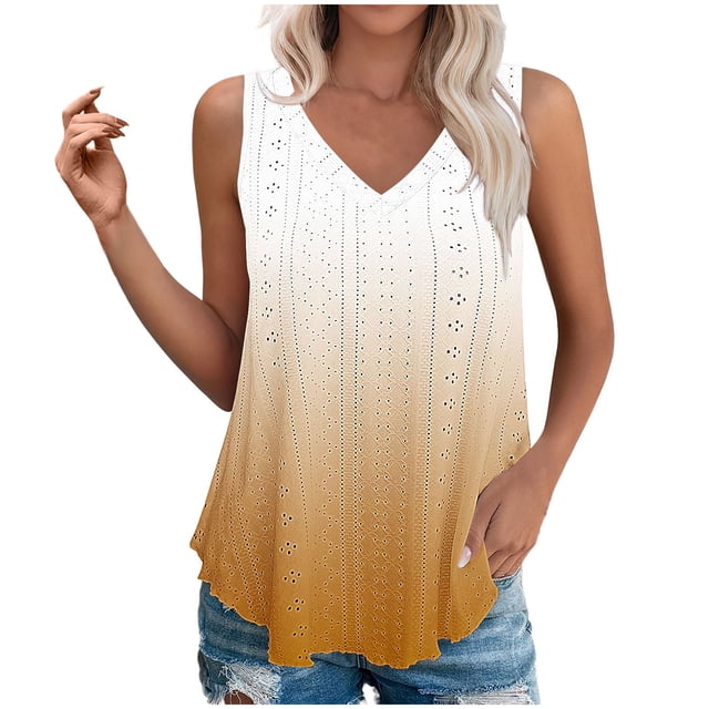 Plebaso Womens Tank Tops V Neck Gradient Lightweight Eyelet Shirts Flowy Loose Summer Sleeveless Blouses