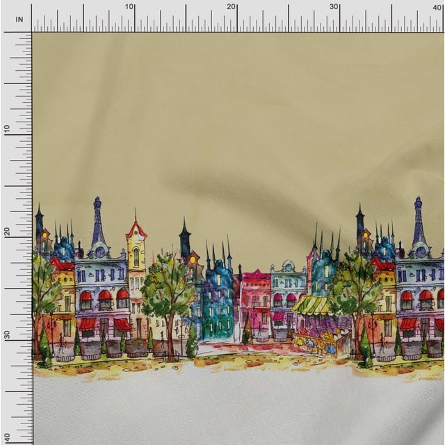 Soimoi Moss Georgette Fabric Buildings Panel Print Sewing Fabric Yard 42 Inch Wide