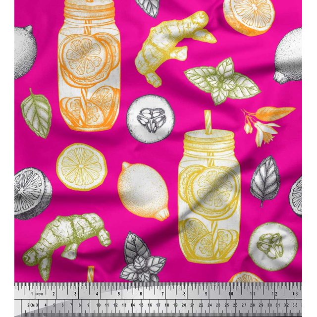 Soimoi Modal Satin Fabric Lemon Slice Jar,Cucumber & Ginger Vegetable Decor Fabric Printed Yard 42 Inch Wide