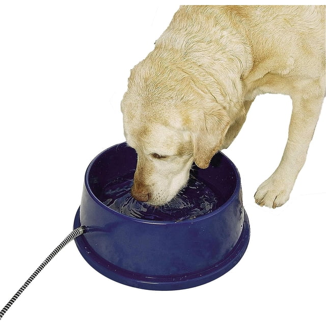 K&H Thermal-Bowl Outdoor Use For Dogs Blue showing a yellow Labrador drinking from the 96-ounce electric heated bowl that keeps pet water ice-free down to -20°F, with sealed electronics and a steel-wrapped cord for safe outdoor use.