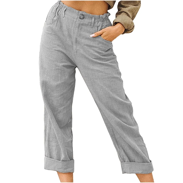 RKSTN Womns Pants Casual Solid Color Pockets Buttons Elastic Waist Comfortable Straight Pants Lightweight Soft Workout Pants