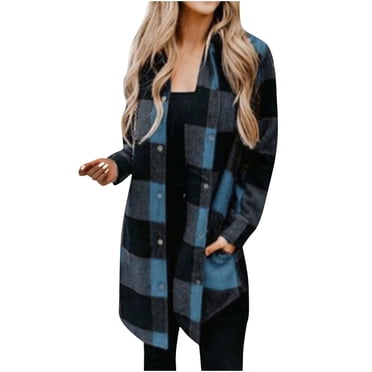CEHVOM Women's Autumn And Winter Casual Plaid Shirt Medium Long Sleeve Coat Pocket Plaid Shirt Top Clearance