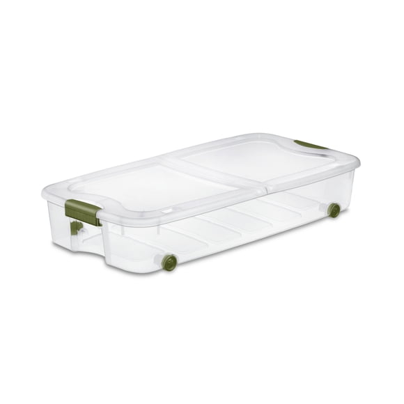 Sterilite 62 Liter Storage Box, Clear Underbed Storage Bin with Lid and Wheels, Green Latch