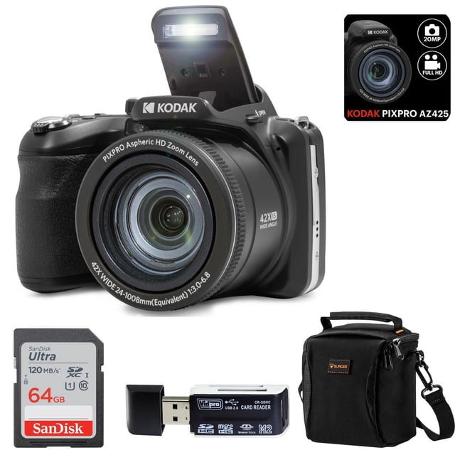 Kodak PIXPRO AZ425 Astro Zoom 20MP Full HD Digital Camera in black, designed for amateur and professional photographers. Features a 42x optical zoom lens, pop-up flash, and 3-inch LCD screen for capturing high-resolution images and 1080p videos. Bundle includes a SanDisk 64GB memory card, durable camera bag, USB card reader, and custom cleaning cloth. Suitable for point-and-shoot photography and panoramic shots.