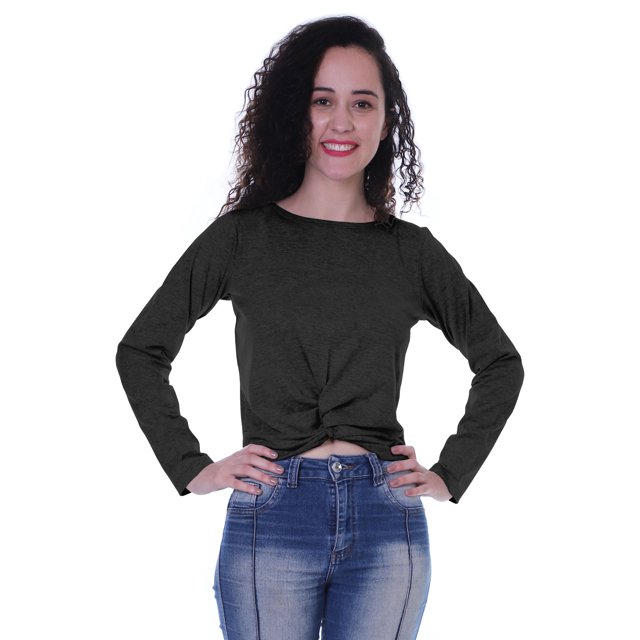 Moomaya T-Shirt Court à Manches Longues pour Femmes avec Nœud à l'Avant, T-Shirt d'Été Uni, Hauts
