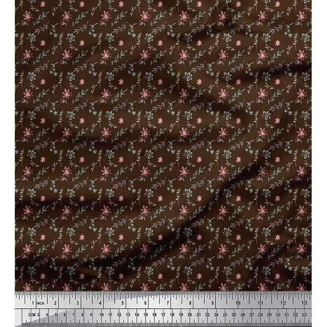 Soimoi Brown polyester Crepe Fabric Floral & Leaves Printed Fabric 1 Yard 52 Inch Wide
