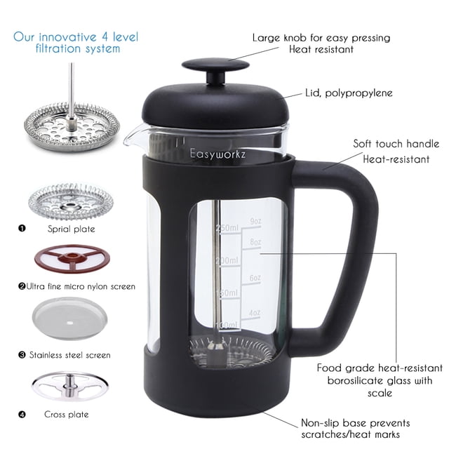 Easyworkz French Press 12 oz Coffee Tea Maker with Borosilicate Glass,Soft Grip Handle