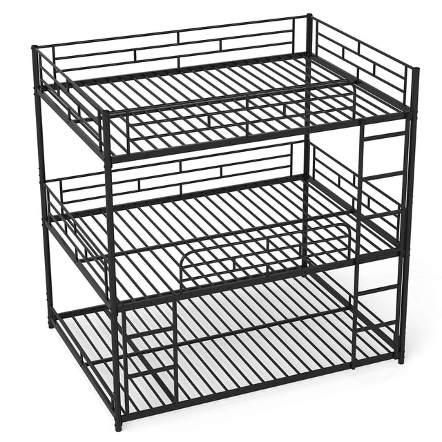 Costway Cadre de Lit Métallique Double sur Double sur Double, Lit Superposé Triple Robuste avec Doubles Échelles, Noir, Lit Superposé Triple Double sur Double sur Double en Métal Robuste, Vue Frontale de Trois Plateformes Pleine Grandeur avec Garde-Corps de 10 Pouces, Doubles Échelles, Soutien Central et 23 Lattes Métalliques, Lit Superposé Bas-au-Sol dans une Chambre; Utilisé Souvent pour Dormir en Résidence Ou en Résidence Étudiante.