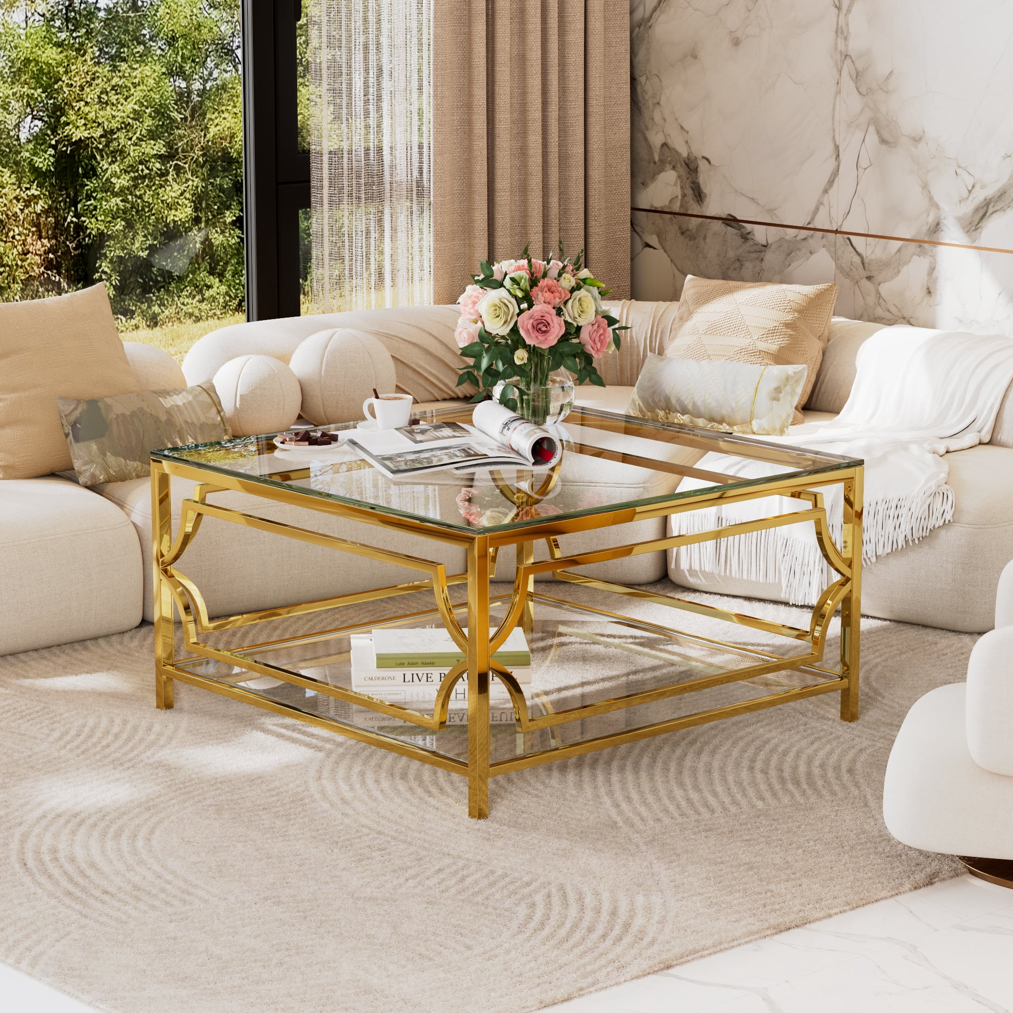 Table basse carrée en verre trempé Noble House 85 cm, transparente et dorée
