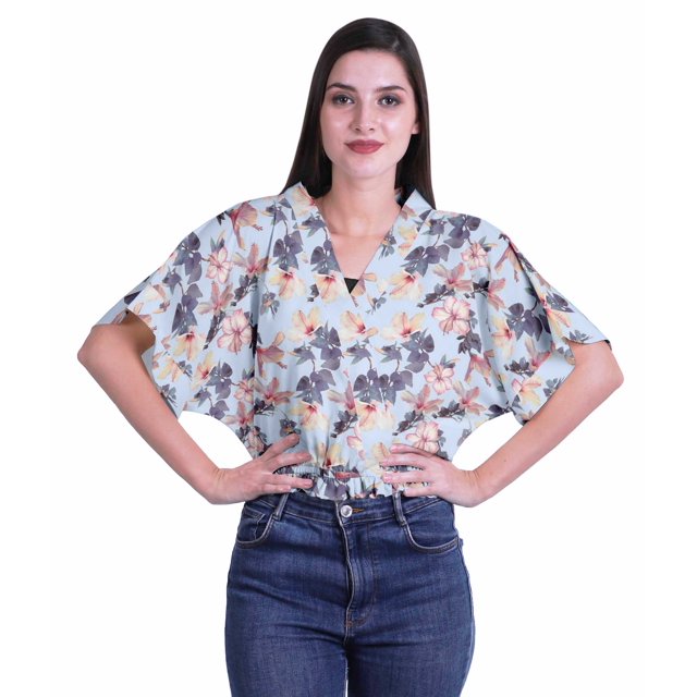 Moomaya Hauts à Manches Boxy Imprimés pour Femmes, Col en V, Taille Élastique, Kimono