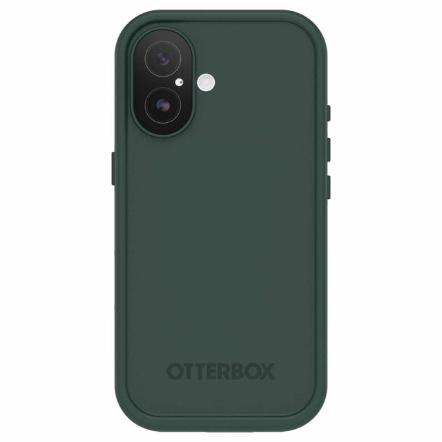 OtterBox Fre MagSafe Case Submerge for iPhone 17 in dark green, showing the back with dual camera cutouts and integrated screen protection. This waterproof case is rated for submersion up to 2 meters for 1 hour and offers 5X military-grade drop protection. It snaps securely to MagSafe accessories, includes built-in anchors for straps, and is made with recycled materials, ideal for outdoor and water sports use.