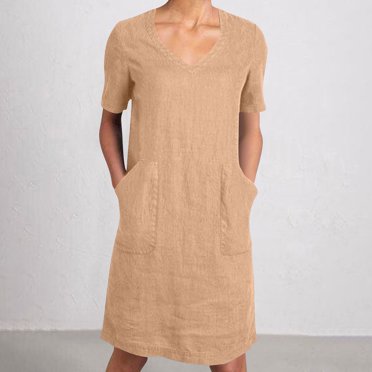 LOVZFMLL Women's Loose Fashion And Linen Short Sleeve V-Neck Pocket Dress Orange L