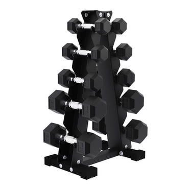 BalanceFrom 100 lb Rubber Coated Iron Dumbbell Hex Weights Set with A-Frame Rack, Black