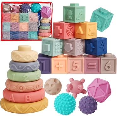 LuxeLine 24-Piece Montessori Soft Baby Toys Set – Stacking Blocks, Sensory Balls, Stacking Rings & Storage Bag – Developmental Toys for Infants & Toddlers 6–18 Months