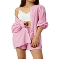 thumbnail image 4 of Summer Women Casual Two Pieces Tracksuit Half Sleeve Button-Down Shirt High Waisted Shorts Set, 4 of 6