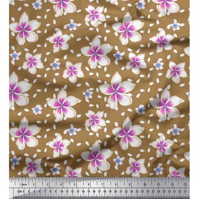 Soimoi Brown Satin Silk Fabric Leaves & Flower Floral Print Sewing Fabric Yard 42 Inch Wide