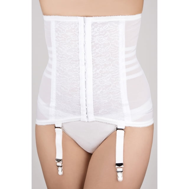 Rago Gaine Sculptante Ferme avec Jarretelles 21 en Blanc, avec Bandes Profilées Exclusives pour Sculpter la Taille, les Hanches, le Dos et le Derrière. Fabriquée à Partir de 77 % de nylon et 23 % de Lycra Invista, Elle Comprend une Bourre flexible en Spirale pour Soutien du Dos, une Ouverture avant à Agrafes de 12 Pouces, des Coutures Cousues Plates et Quatre Jarretelles Métalliques Détachables. Conçue pour la lingerie pour Femmes, Cette Gaine Offre un Soutien Ferme et une silhouette Épurée