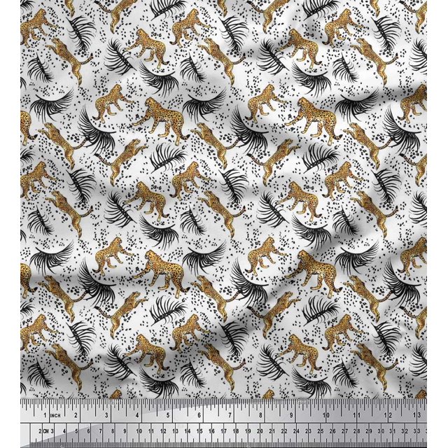 Soimoi Polyester Crepe Fabric Leaves & Leopard Animal Printed Fabric 1 Yard 52 Inch Wide