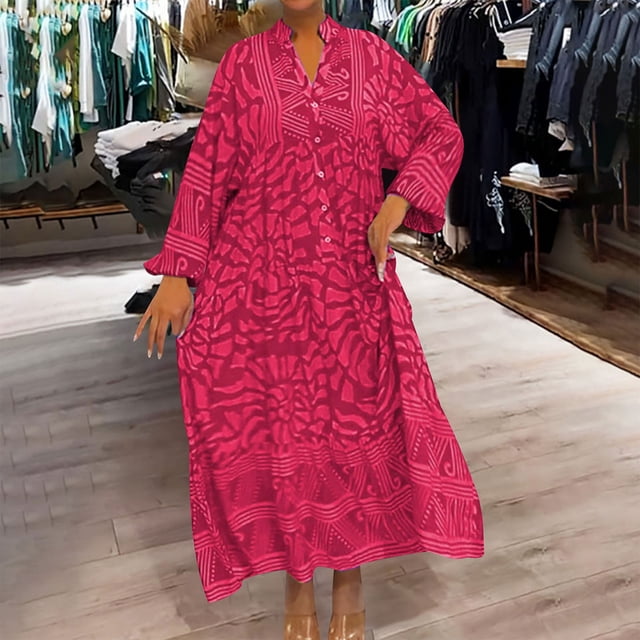 Ovzne Robes d'Été pour Femmes Robe de Plage Robe d'Été pour Femmes Aguichant Mode Imprimée à Boutons Manches Courtes Col Rabattu Robe pour Femmes à Manches Longues Imprimée Liquidation