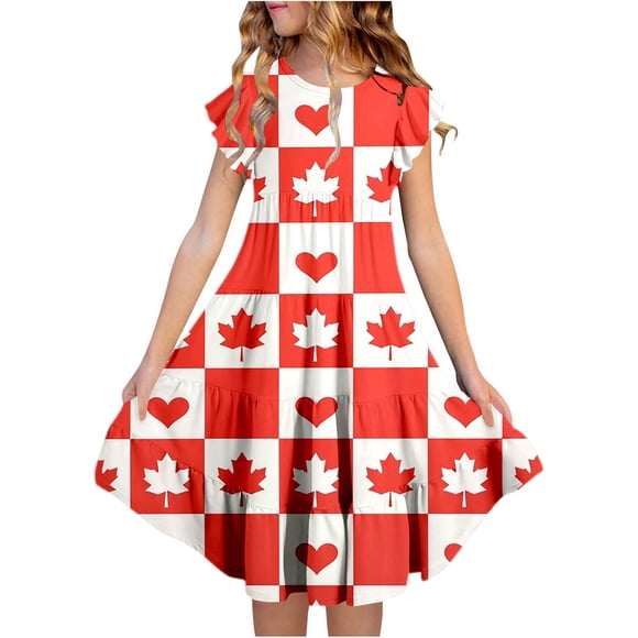 Robes pour Petites Filles Enfant Tout-Petits Filles Fête du Canada Feuille d'Érable Drapeau Imprimé Manches Volantées Robe Florale Robes pour Bébé Rouge 14 Ans-15 Ans