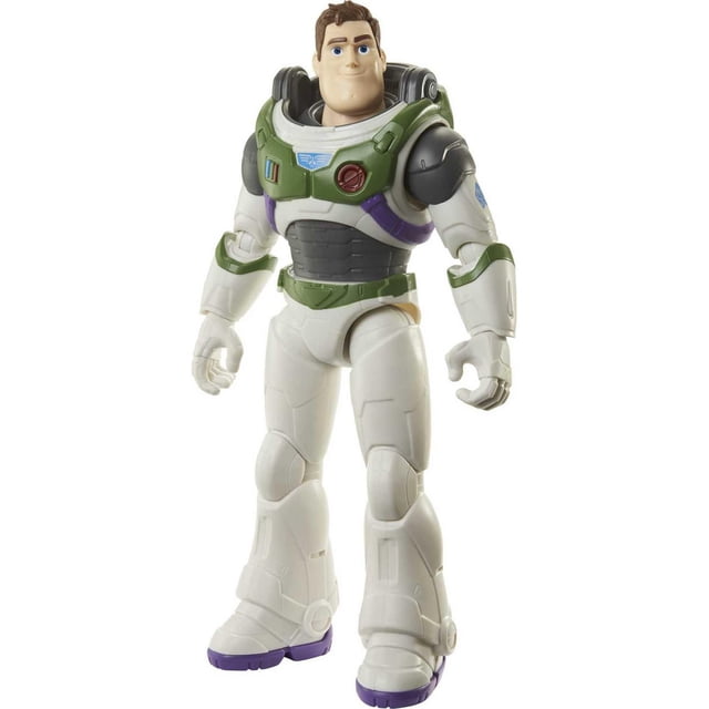 Disney Pixar Lightyear Large Scale Space Ranger Alpha Buzz Lightyear Figure wearing white and green Space Ranger Alpha suit with black chest armor and purple accents on boots, featuring 12 posable joints for action play.