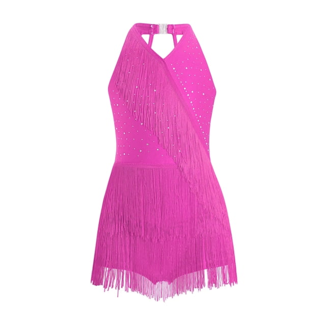 Ocealan Robe de Danse Latine Jazz pour Filles Enfants Costume de Danse Tango Rumba Samba Brillant Justaucorps à Franges Rose Vif 14
