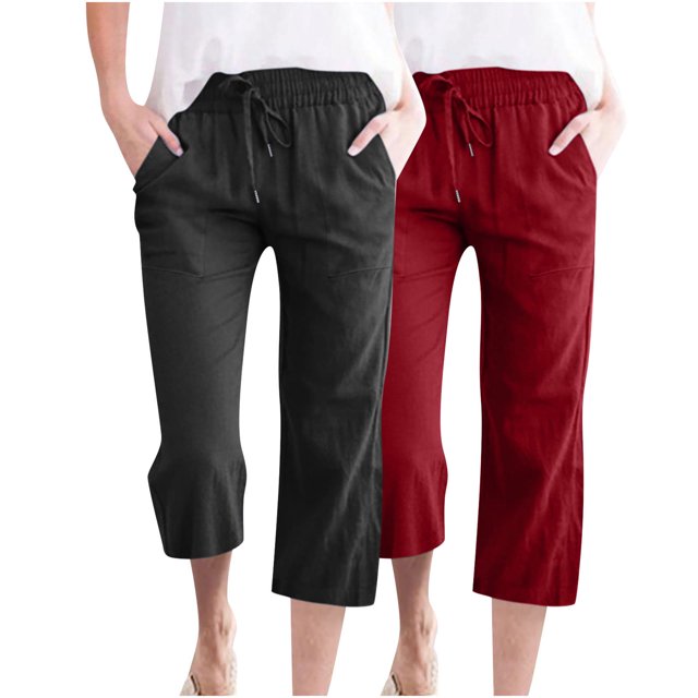 Timegard 2pc Capri Pants for Women Cotton Linen Elastic Waist Loose Lounge Crop Pants Pockets Solid Color