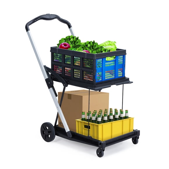 2 Tier Folding Shopping Carts,Collapsible Utility Trolley with Wheels,Removable Storage Crate,198 LB Capacity,Collapsible Portable Grocery Cart for Groceries,Supermarket,Blue