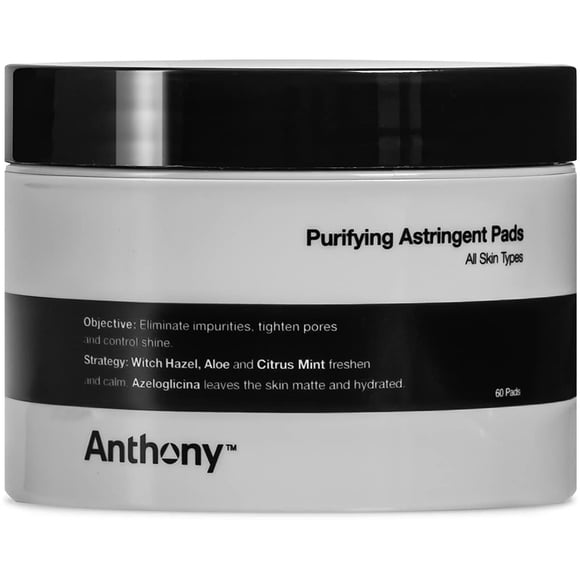 Anthony Tampons de Toner Astringent Purifiants, 60 Unités, Contient de l'Hamamélis, de l'Aloe Vera et de la Menthe Agrumes, pour Éliminer les Impuretés, Raffermir les Pores et Contrôler la Brillance