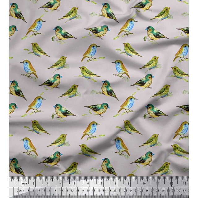 Soimoi Crepe Silk Fabric Flycathcer Bird Decor Fabric Printed Yard 42 Inch Wide