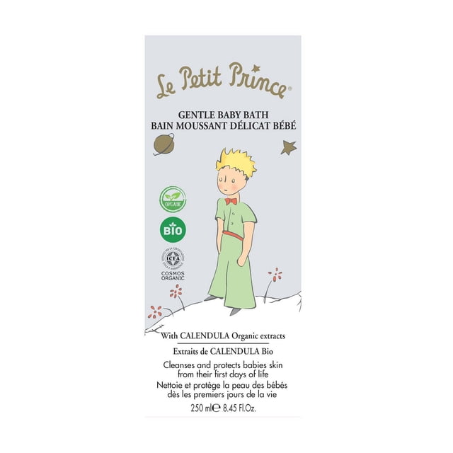 Le Petit Prince Emballage Doux pour Bain de Bébé avec une illustration d'Un Enfant en Tenue Verte et un Nœud Papillon Rouge, avec des Extraits de calendula Biologiques, Conçu pour Nettoyer et Protéger la Peau des Bébés dès la Naissance, Bouteille de 250 ml, Formule Certifiée Biologique et Douce.