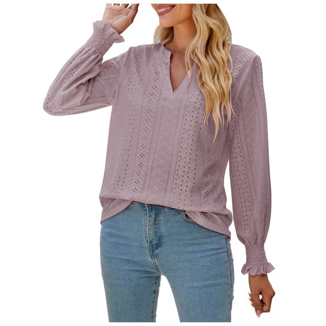 IROINID Reduced Womens Long Sleeve V-Neck Shirts Lounge Comfortable Solid Color Ruffle Sleeve Tops Blouse,Khaki