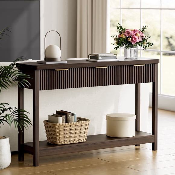 Laintene Table Console Cannelée, Table d'Entrée Étroite de 51 Pouces, avec 3 Tiroirs, Table d'Entrée derrière Canapé avec Tablette de Rangement Ouverte, Étagère d'Exposition Moderne pour Salon et Couloir, Noyer