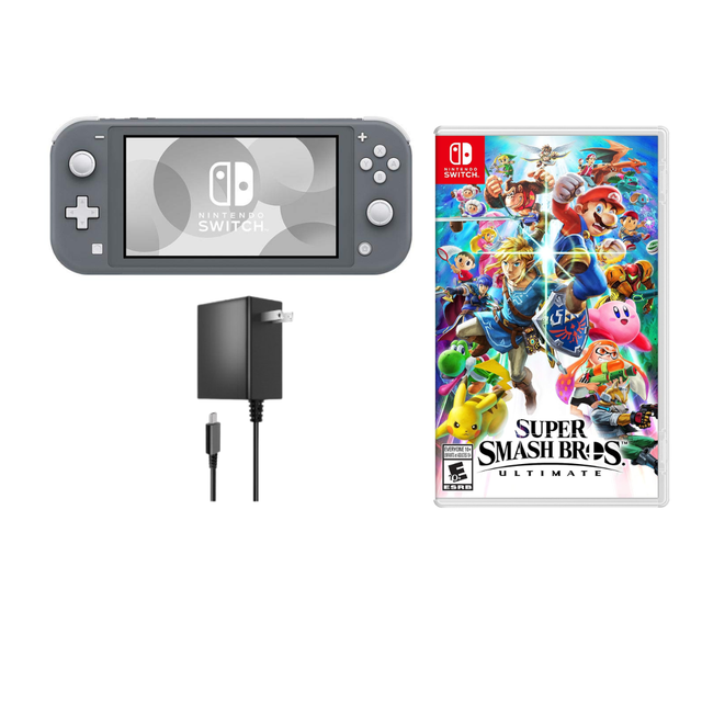 Nintendo Switch Lite Handheld Console Gray Refurbished Bundle with Super Smash Bros. Ultimate Game