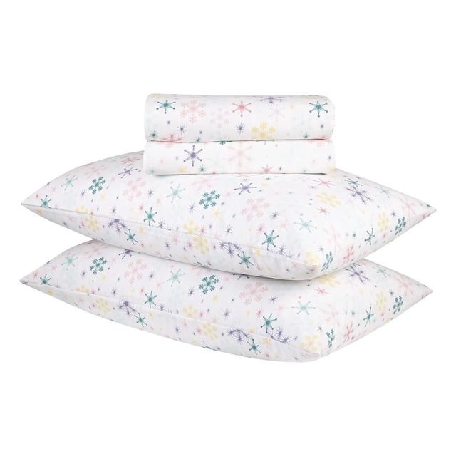 Ensemble de Draps en Flanelle des Fêtes avec Fond Blanc et Motifs Multicolores de Flocons de Neige et d'Éclairs d'Étoiles en Sarcelle, Violet, Jaune et Rose, Incluant Deux Taies d'Oreiller et Deux Draps Pliés, Fabriqué en Coton Respirant 100 % Meilleur pour la Chaleur Lors des Nuits Fraîches d'Automne et d'Hiver, Convient Aussi à une Literie Douillette pour Invités.