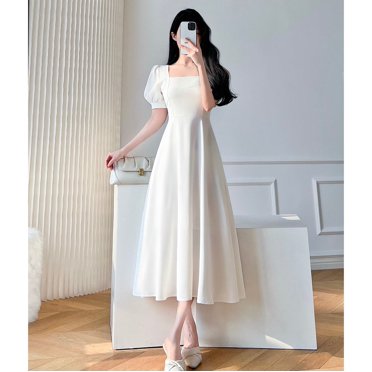 Chic Robe Maxi Blanche Manches Bouffantes Col Carré pour Femmes - L / Blanc