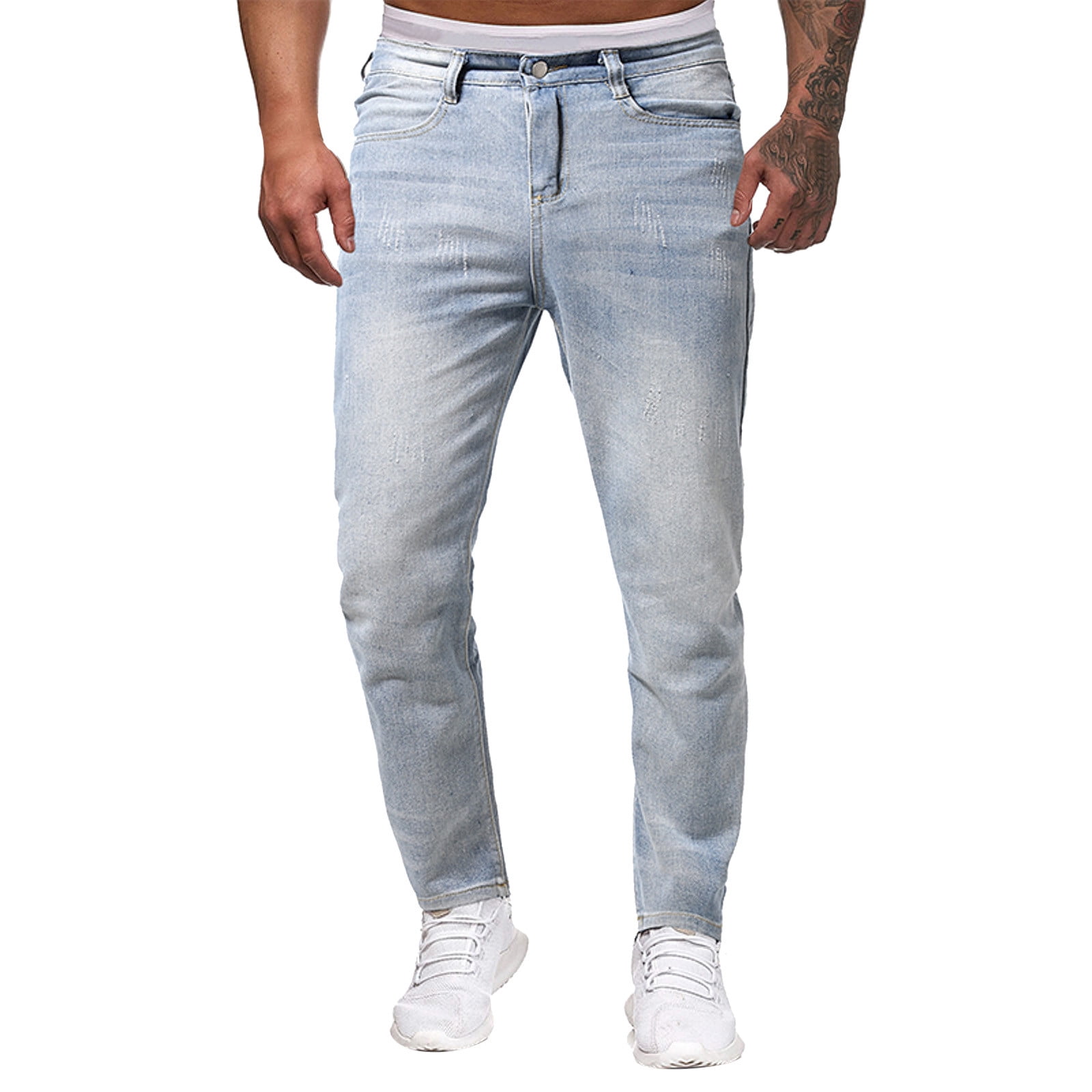 Ketyyh-chn99 Men Jeans 2024 Casual Pants Shorts Mens Fashion Straight Hole Buckle Zipper Middle Waist Denim Long Pants Trousers Pants Blue,XL