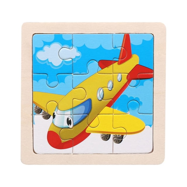 Wooden Kids 9 Piece Toy Educational And Learning Puzzle Toys featuring a colourful jigsaw puzzle with a cartoon airplane design. The puzzle is made of wood, measures 11cm by 11cm, and is suitable for children aged 3-7 years. It includes vibrant colours and cute animal prints, designed to engage and entertain young learners.