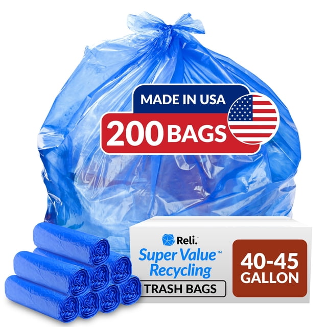 Reli. Supervalue 40-45 Gallon Recycling Bags, 200-count blue trash bags made in the USA. The image displays a tied blue recycling bag, rolls of blue garbage liners, and a branded box labeled '40-45 Gallon' and 'Super Value Recycling Trash Bags,' suitable for home and commercial recycling needs.