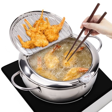 Hawsaiy 9.4" Deep Fryer Pot, 304 Stainless Steel Japanese Frying Pot with Oil Drain, Temperature Control and Lid, Tempura Deep Fryer Pot for Kitchen Stove/Induction Cooker French Fries Fryer Chicken