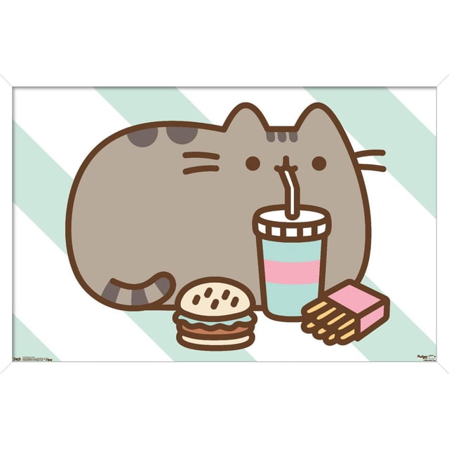 Pusheen - Food Wall Poster, 14.725" x 22.375" depicting a centered cartoon gray tabby cat sipping from a pastel striped cup with a straw, accompanied by a hamburger and a pink box of fries on a light green and white diagonal striped background, suitable for bedroom or office wall art.