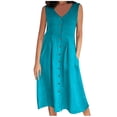 thumbnail image 4 of BiZtdJrK Robe Longue d'Été en Coton et Lin pour Femme, Boutonnée, Fluide, Vacances Plage, Robes Soleil, Couleur Unie, Col Ras du Cou, Maxi avec Poches, Bleu Ciel, P, 4 of 8