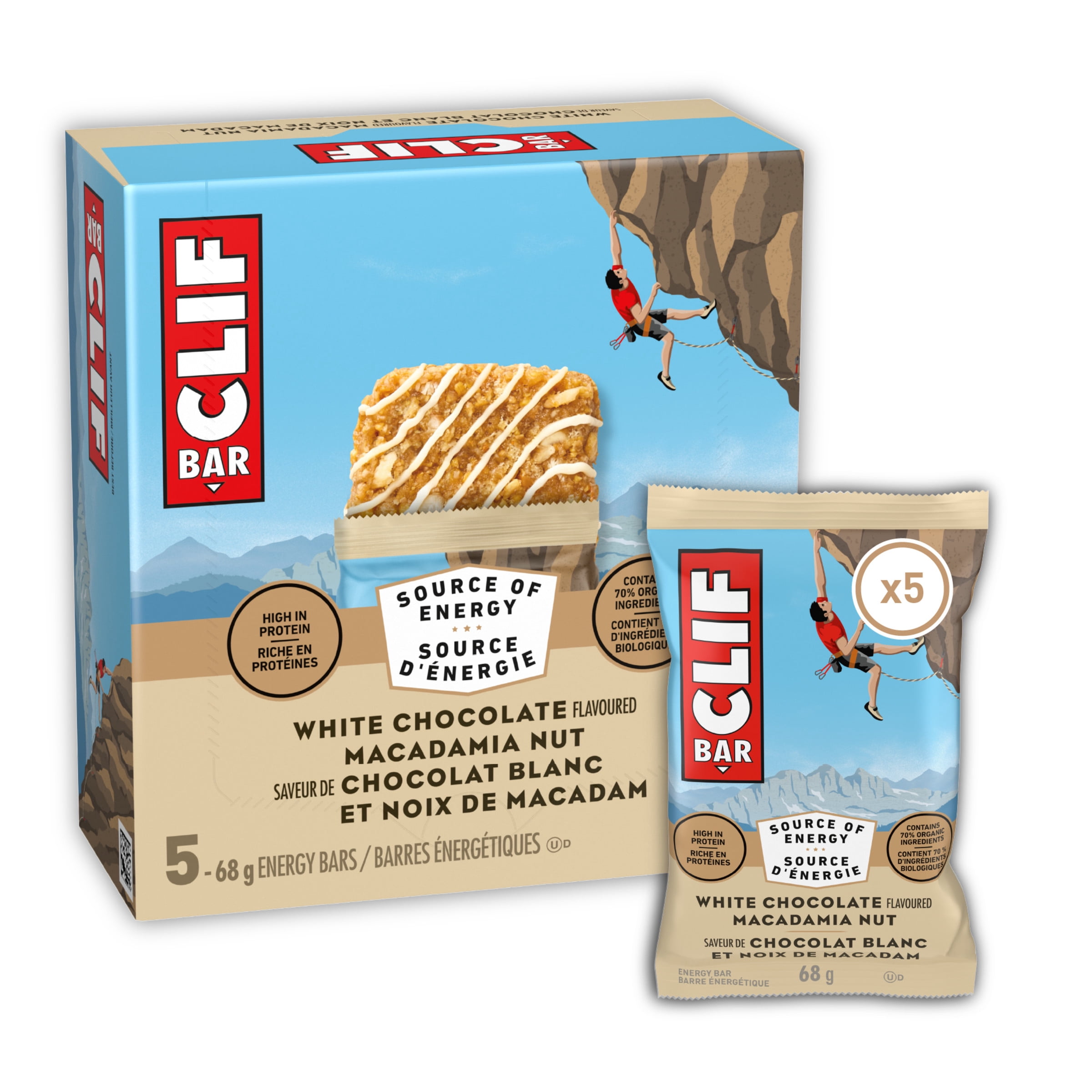 CLIF BAR Energy Bars, White Chocolate Macadamia Nut, Granola Bar, High in Protein, Contains 70% Organic Ingredients Box of 5 Bars
