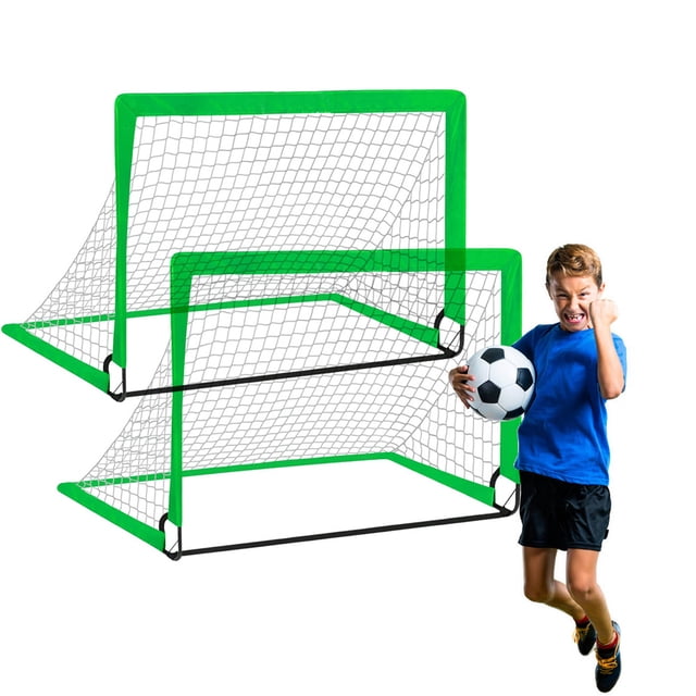 2-Pack Foldable Kids Soccer Goals Set - Portable Training Net with Steel & Fiberglass Frame, Oxford Cloth Net, 4 Support Rods, 4 Connecting Rods, 8 Ground Nails & 2 Storage Bags - Indoor/Outdoor Use